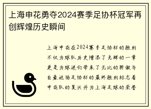 上海申花勇夺2024赛季足协杯冠军再创辉煌历史瞬间