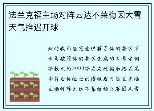 法兰克福主场对阵云达不莱梅因大雪天气推迟开球